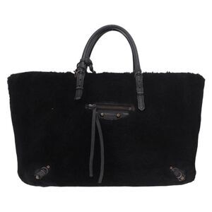 Balenciaga Papier A4 Classic Studs Shearling Black Fur Handbag